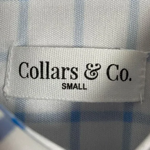 Collars & Co Polo Shirt Mens S Blue White Grid Plaid Windowpane Dress Collar NEW